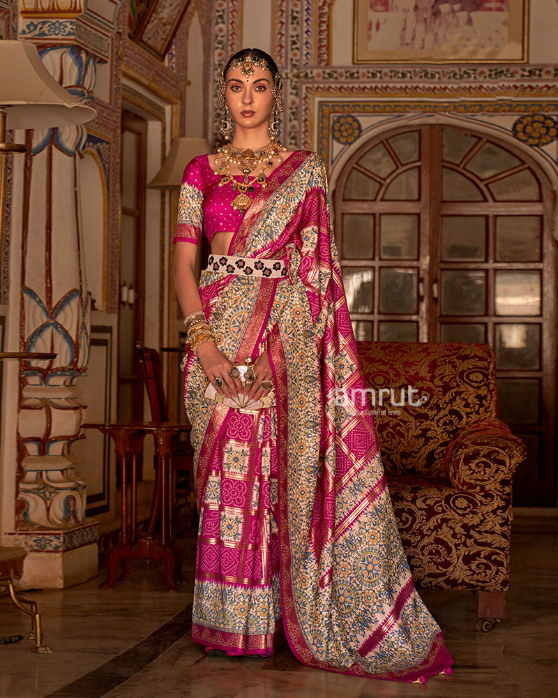 Fuchsia Pink and Cream Bandhani Saree with Unstitched Blouse and Belt 01