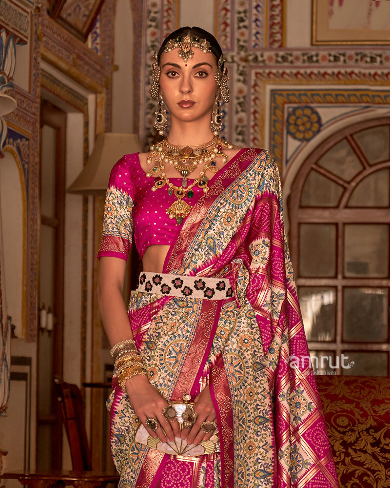 Fuchsia Pink and Cream Bandhani Saree with Unstitched Blouse and Belt 02
