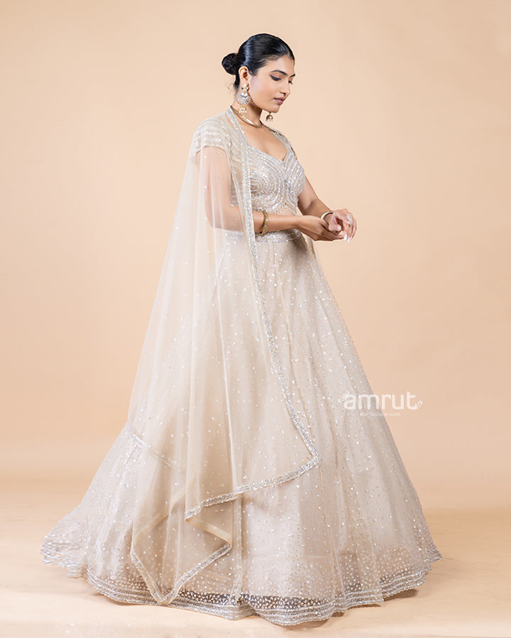 Fully Embellished Beige Net Lehenga Choli with Dupatta(03)