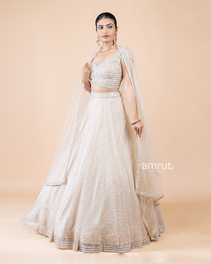 Fully Embellished Beige Net Lehenga Choli with Dupatta(04)