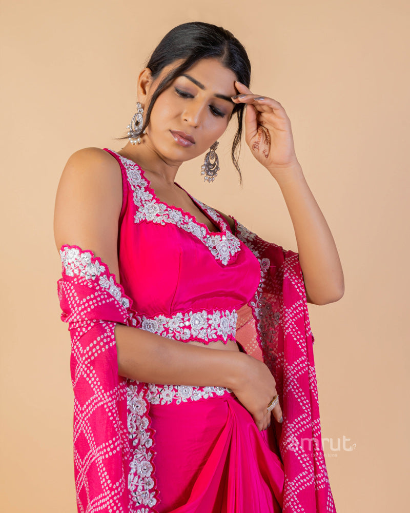 Buy Trendy Pink Draped Skirt Crop-top With Printed Shrug Online