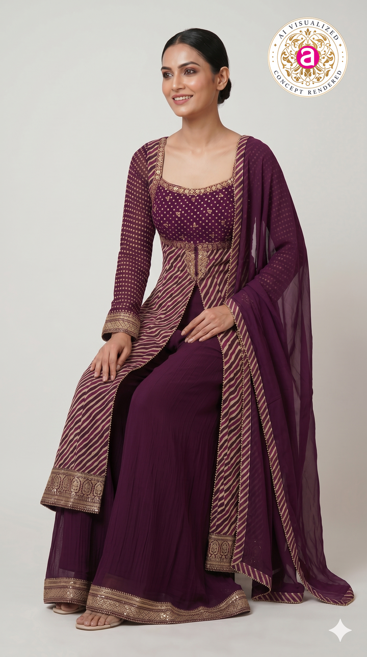 Royal Plum Leheriya Anarkali Kurta Set with Palazzo & Chiffon Dupatta