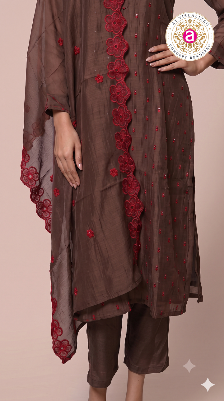 Coffee Brown Embroidered Kurta Pant Set with Dupatta