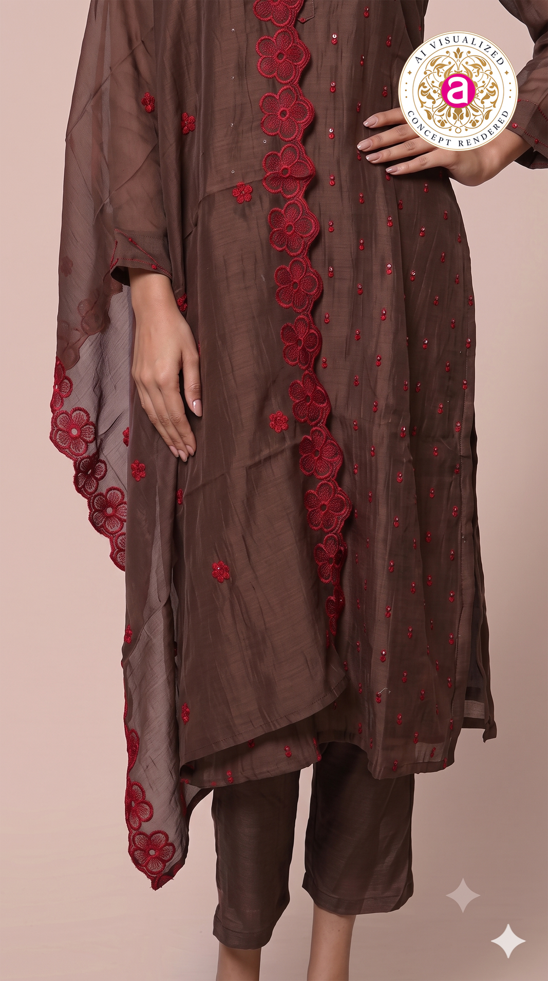 Coffee Brown Embroidered Kurta Pant Set with Dupatta