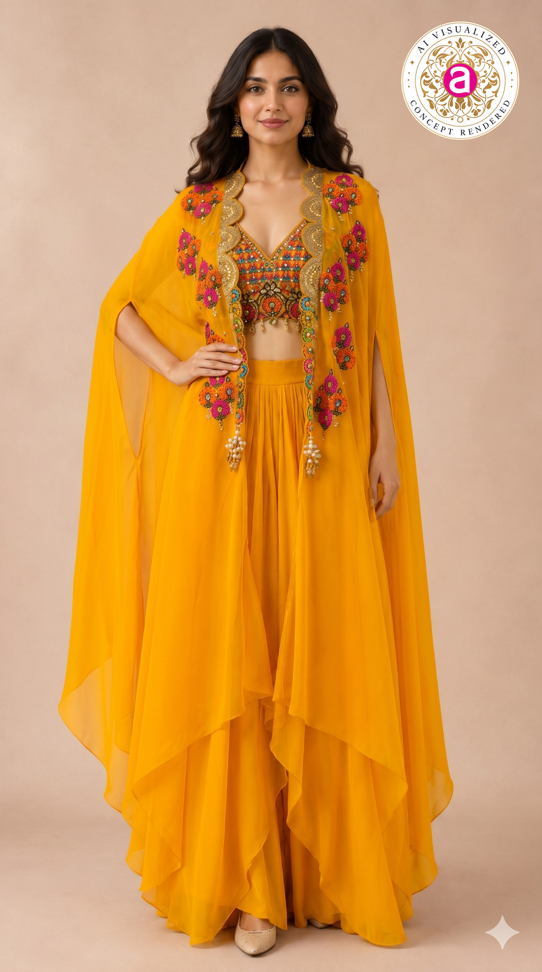 Sunshine Yellow Cape Palazzo Set with Multicolour Embroidered Blouse