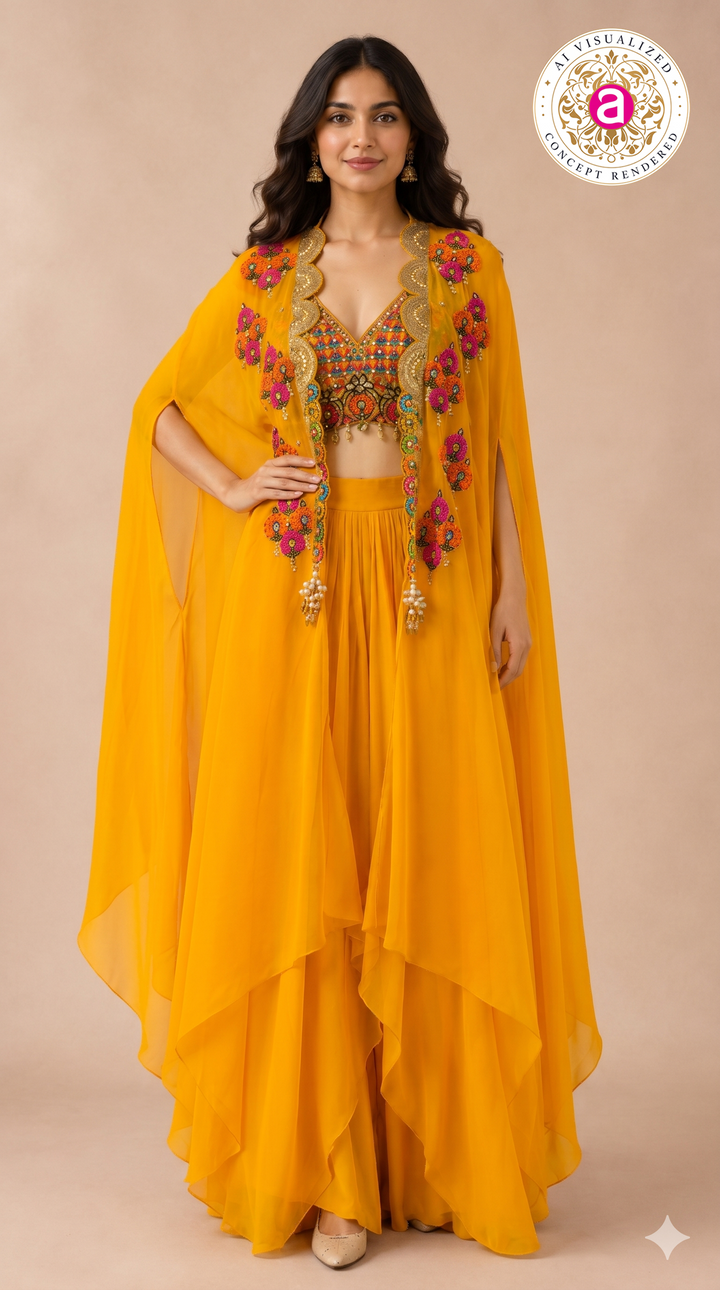 Sunshine Yellow Cape Palazzo Set with Multicolour Embroidered Blouse
