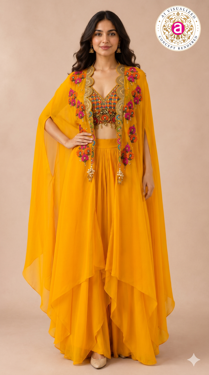 Sunshine Yellow Cape Palazzo Set with Multicolour Embroidered Blouse