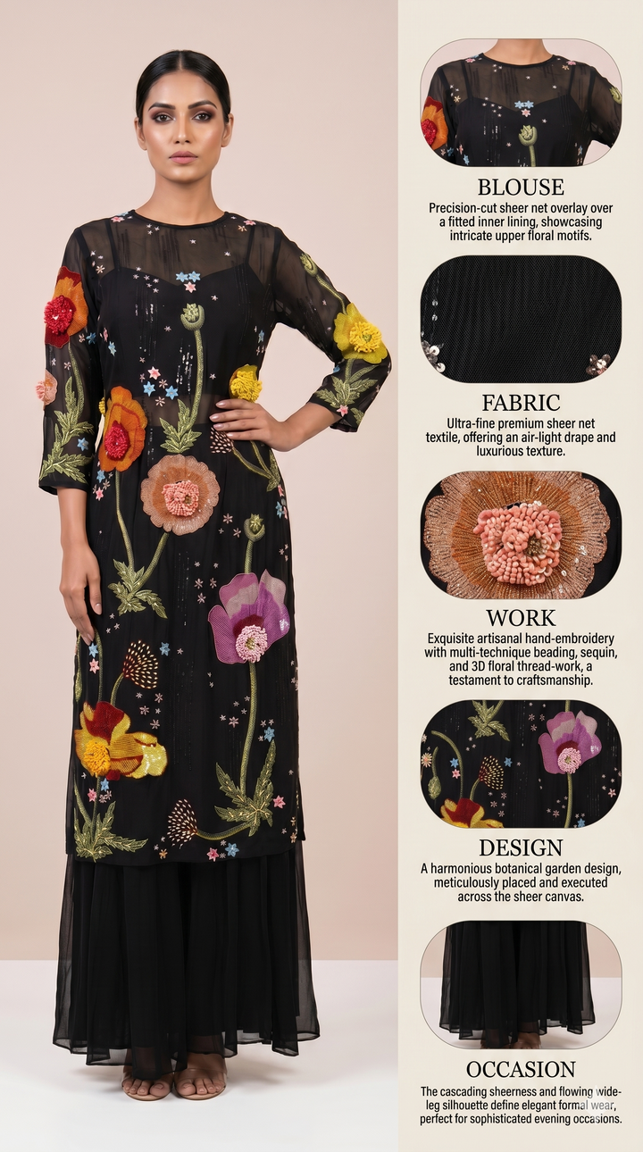 Black Floral Embroidered Kurta Set with Palazzo