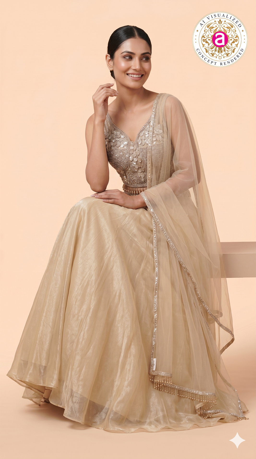 Champagne Gold Embellished Lehenga Set with Sheer Net Dupatta