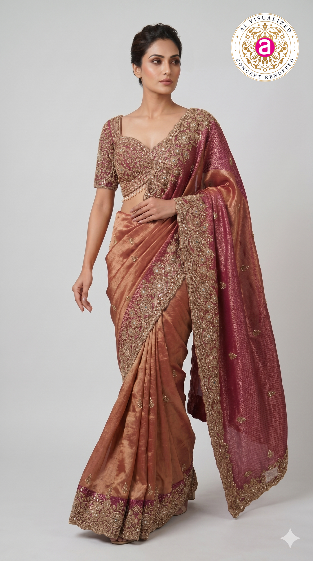 Rose Gold Tissue Saree with Wine Embroidered Border