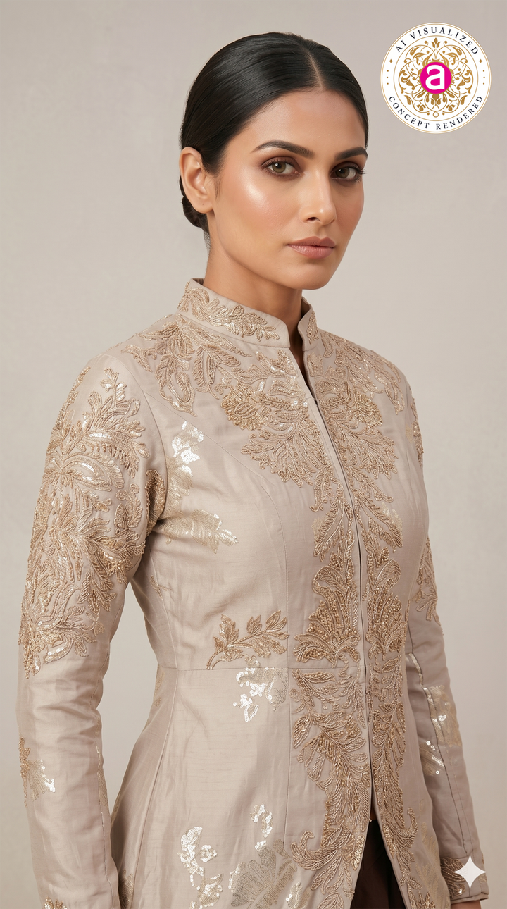 Beige & Brown Designer Indo-Western Party Wear Gown Set