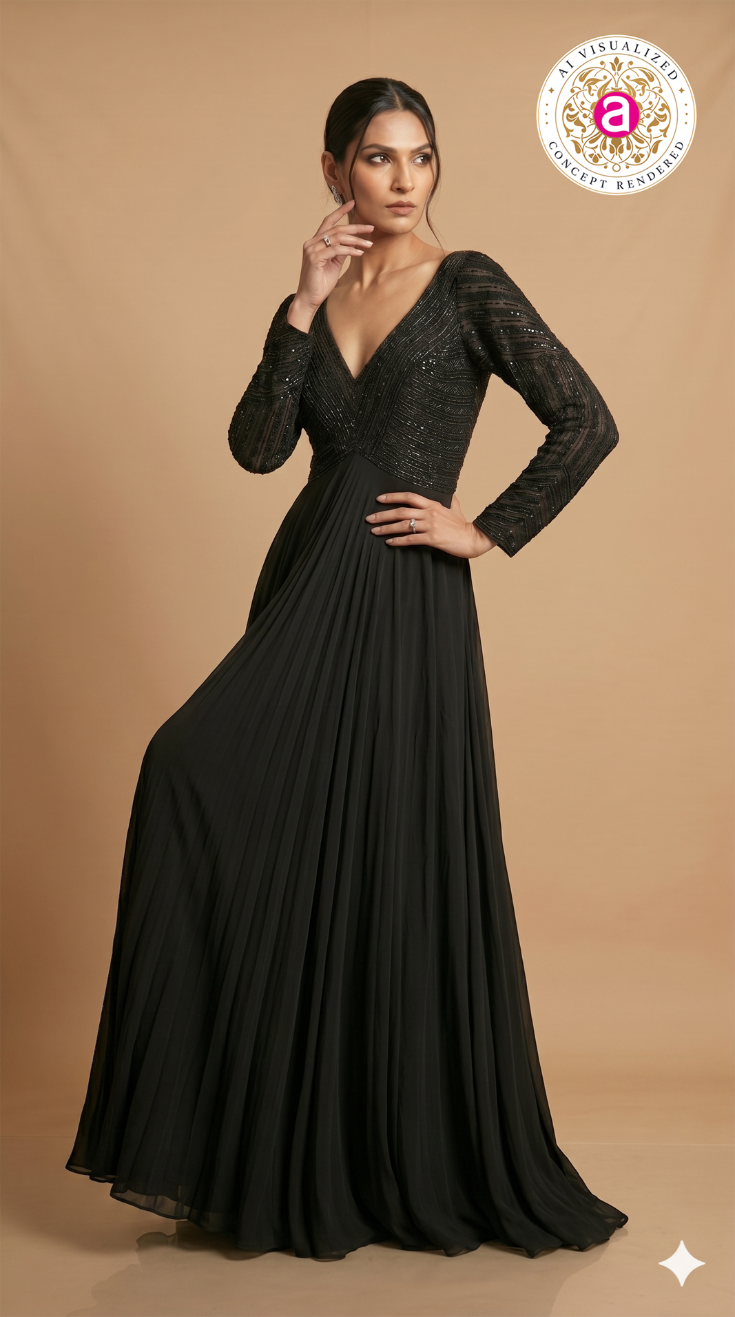 Midnight Black Hand Embellished Evening Gown
