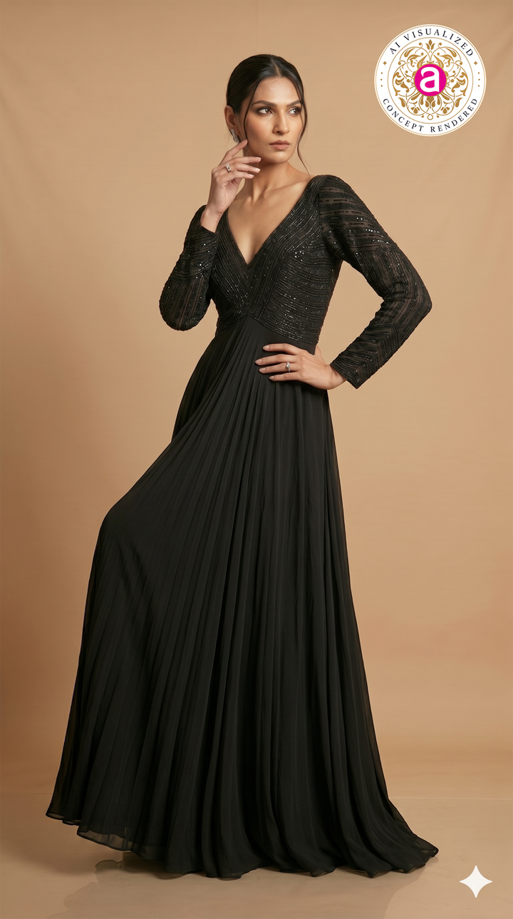 Midnight Black Hand Embellished Evening Gown