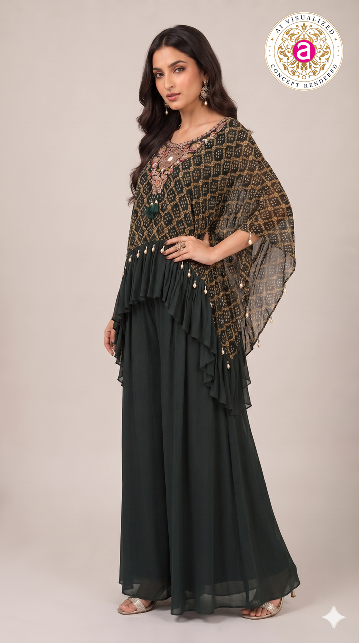 Bottle Green Handwork Kaftan Palazzo Set