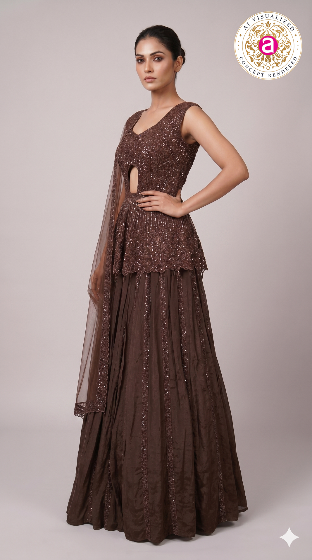 Chocolate Brown Embellished Peplum Lehenga Set with Sheer Dupatta