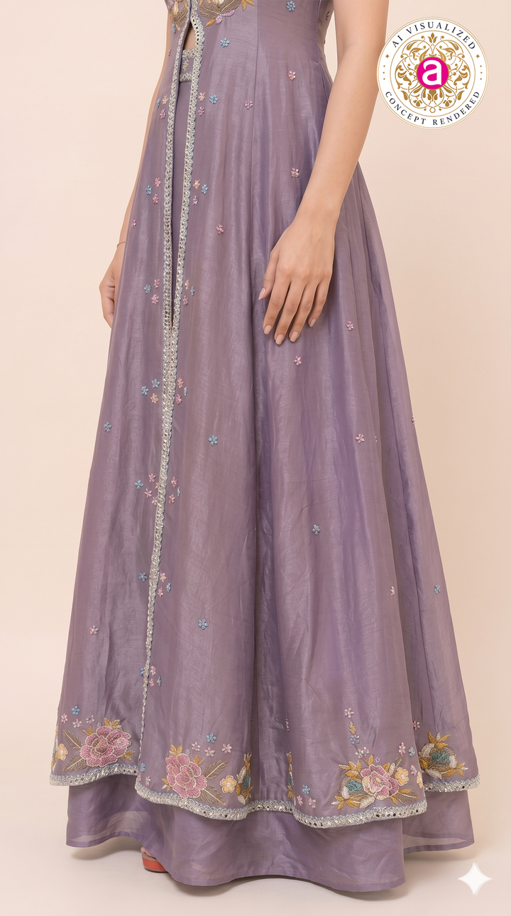 Lavender Embroidered Skirt Set with Jacket Style Anarkali