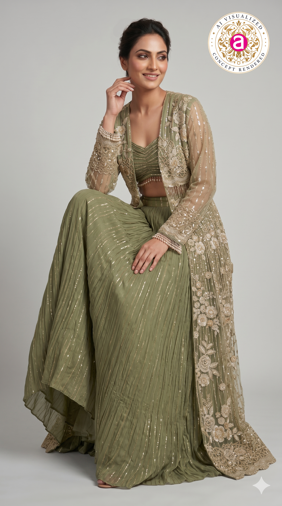 Sage Green Embroidered Jacket Style Lehenga Set with Bralette