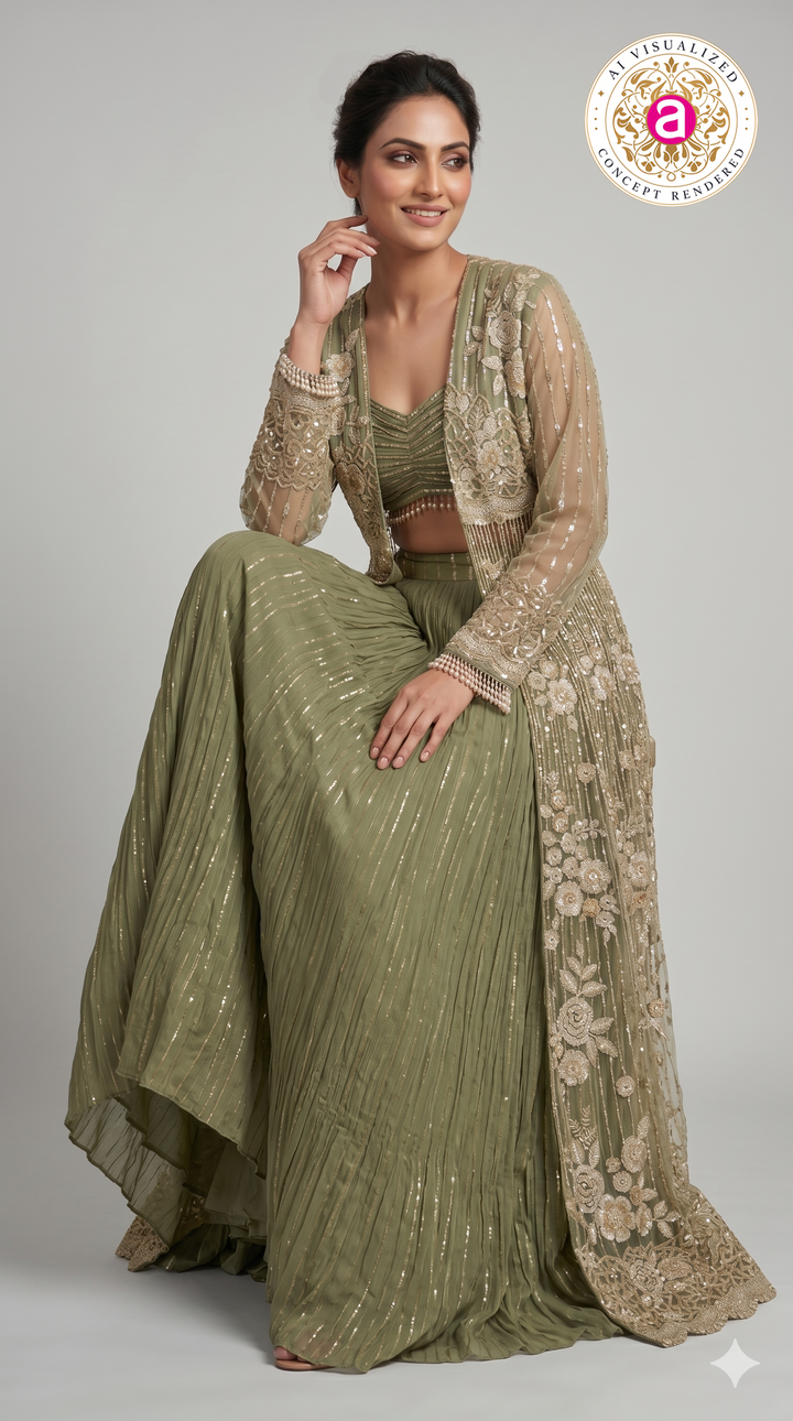 Sage Green Embroidered Jacket Style Lehenga Set with Bralette
