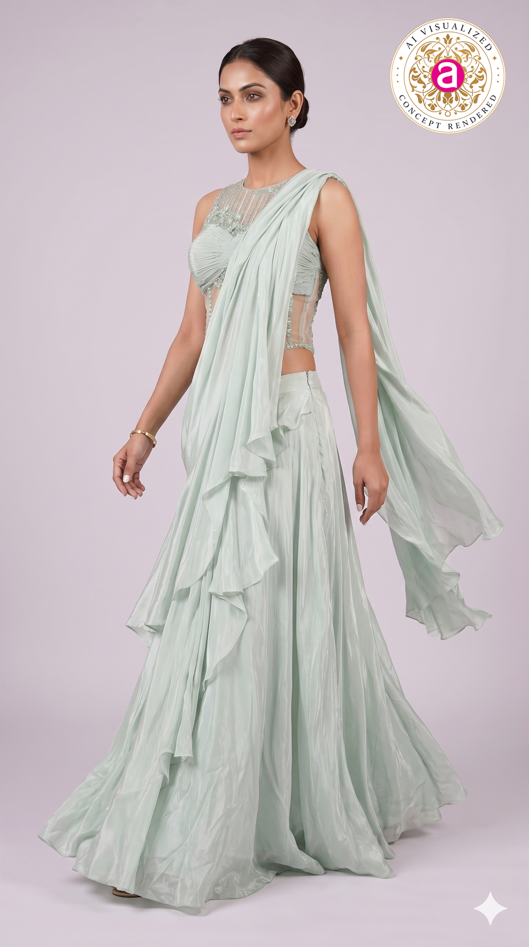 Mint Green Ready-to-Wear Saree with Ruffle Drape & Embellished Designer Blouse