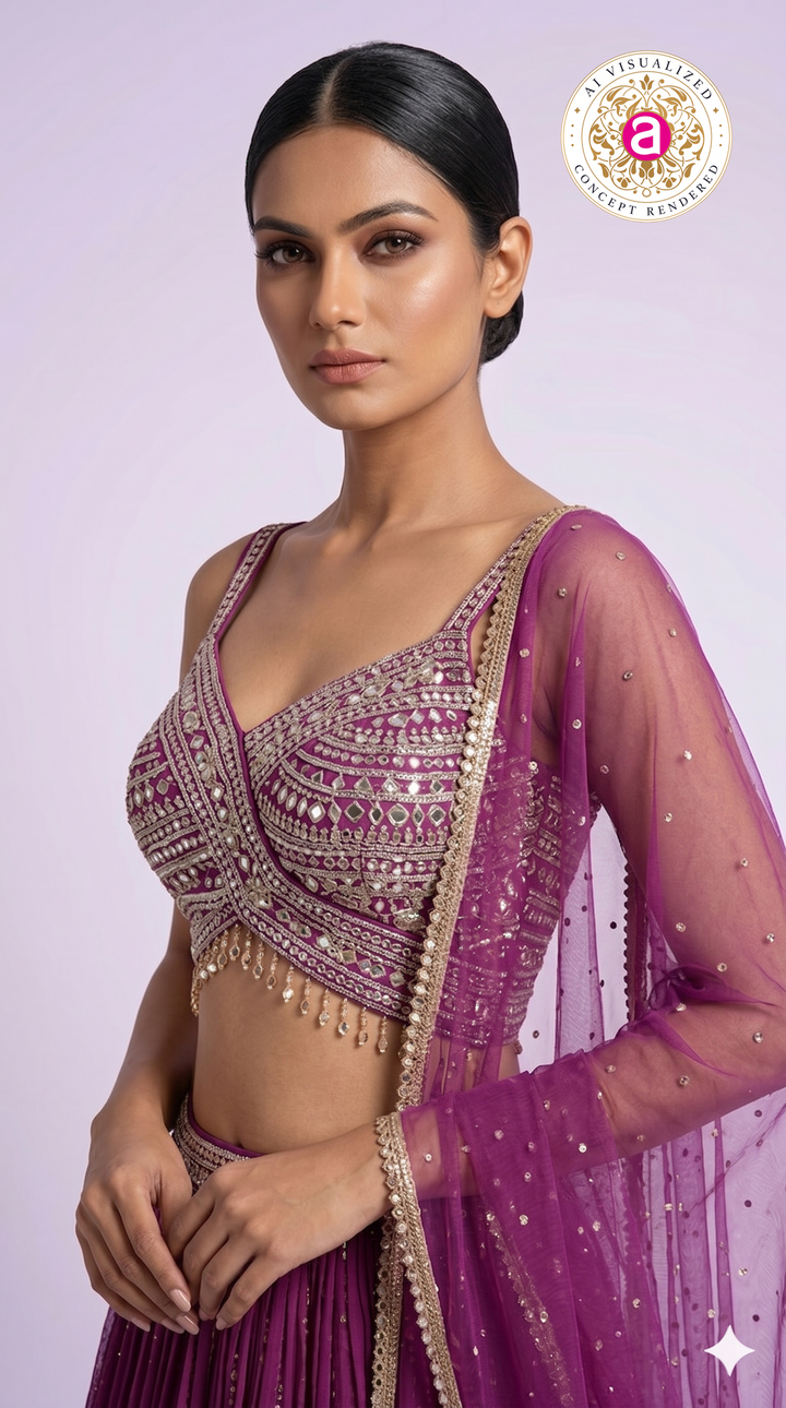 Deep Wine Pleated Lehenga Choli with Embellished Cross Blouse & Sheer Dupatta