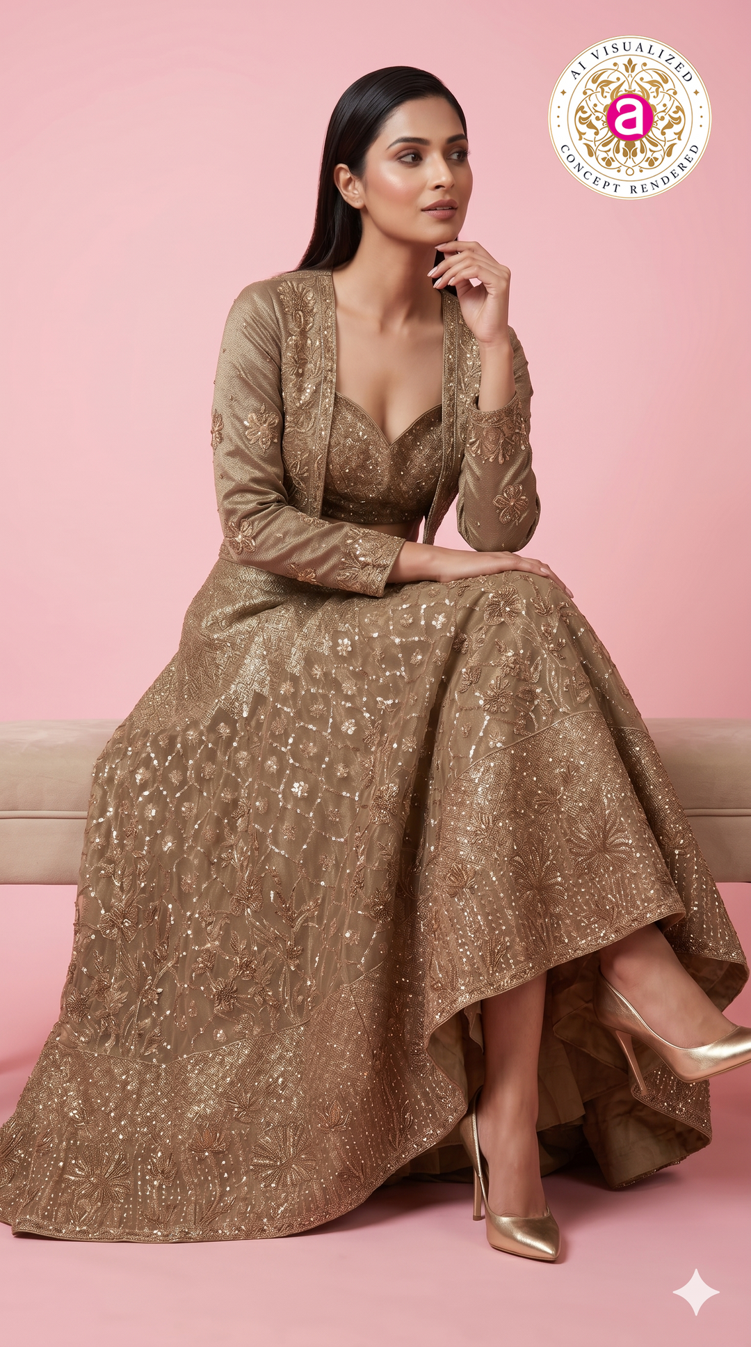 Champagne Gold Embroidered Lehenga Set with Designer Jacket