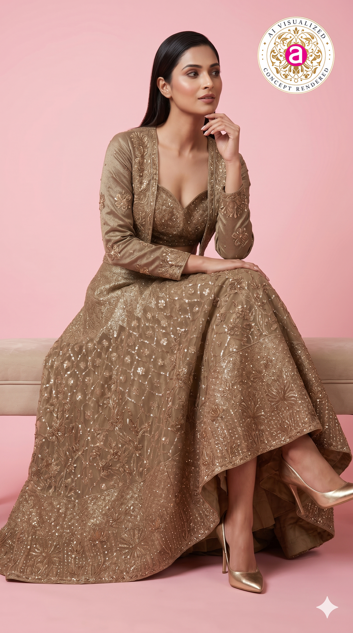 Champagne Gold Embroidered Lehenga Set with Designer Jacket