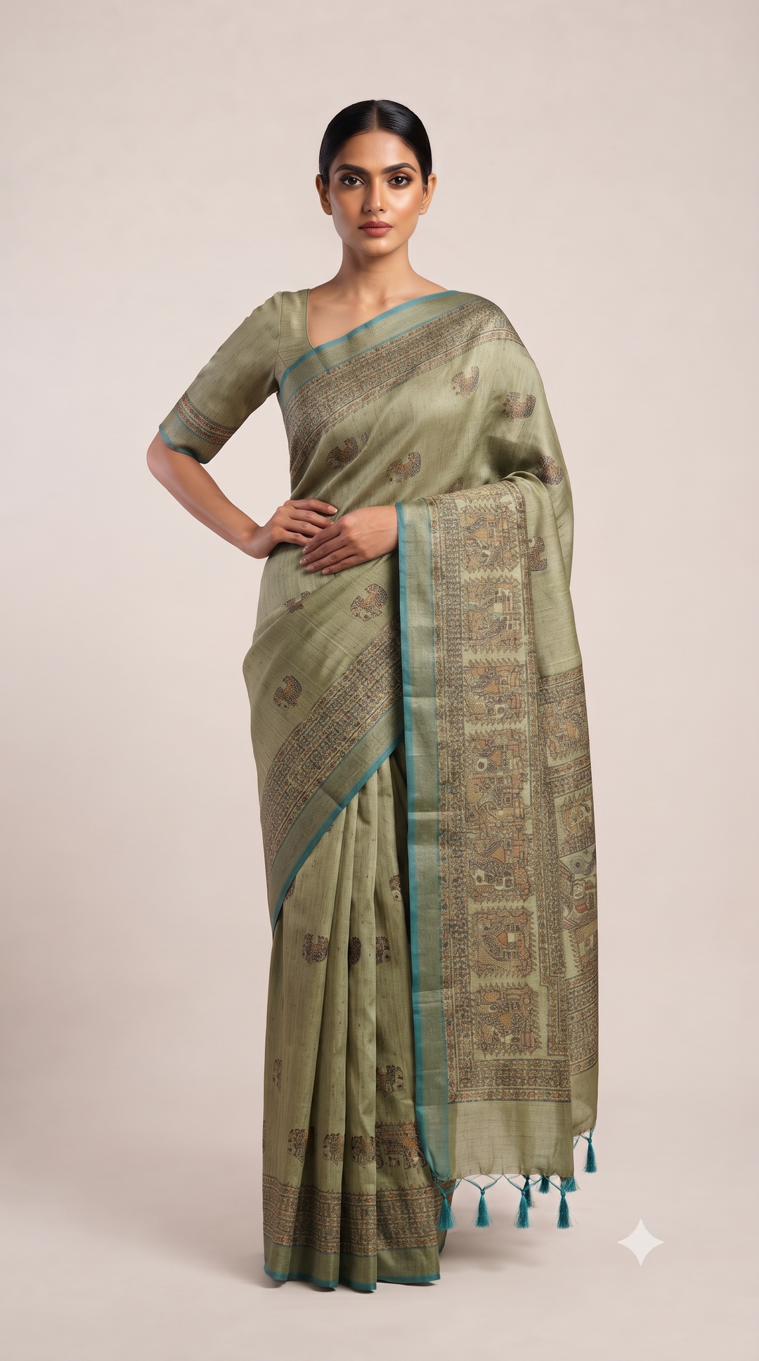 Linen Silk Saree with Traditional Madhubani Inspired Print & Tassel Pallu