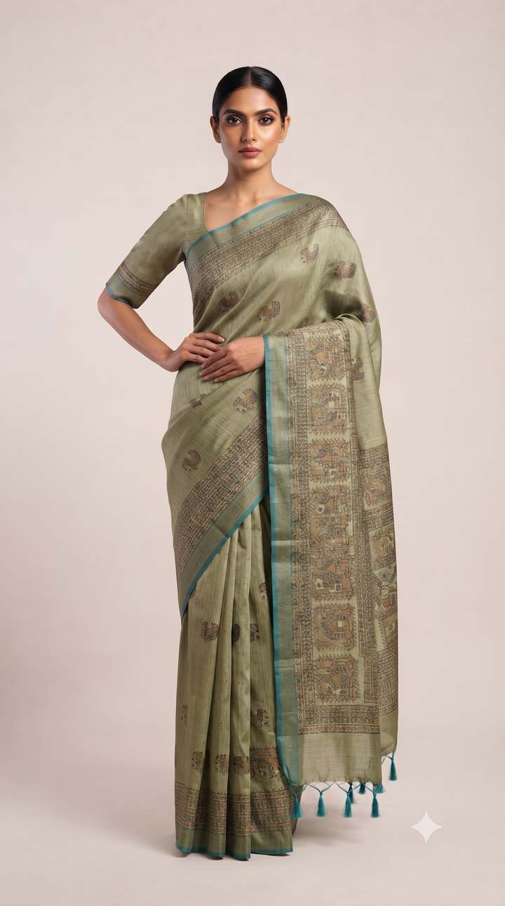 Linen Silk Saree with Traditional Madhubani Inspired Print & Tassel Pallu