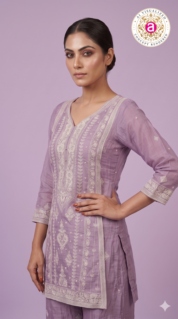 Lilac Embroidered Kurta Palazzo Set with Dupatta