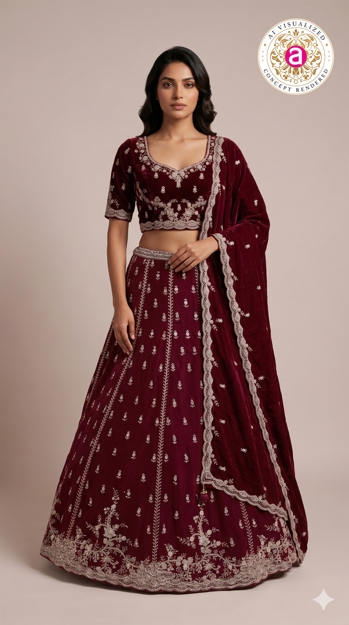Wine Maroon Designer Embroidered Lehenga Set with Matching Dupatta