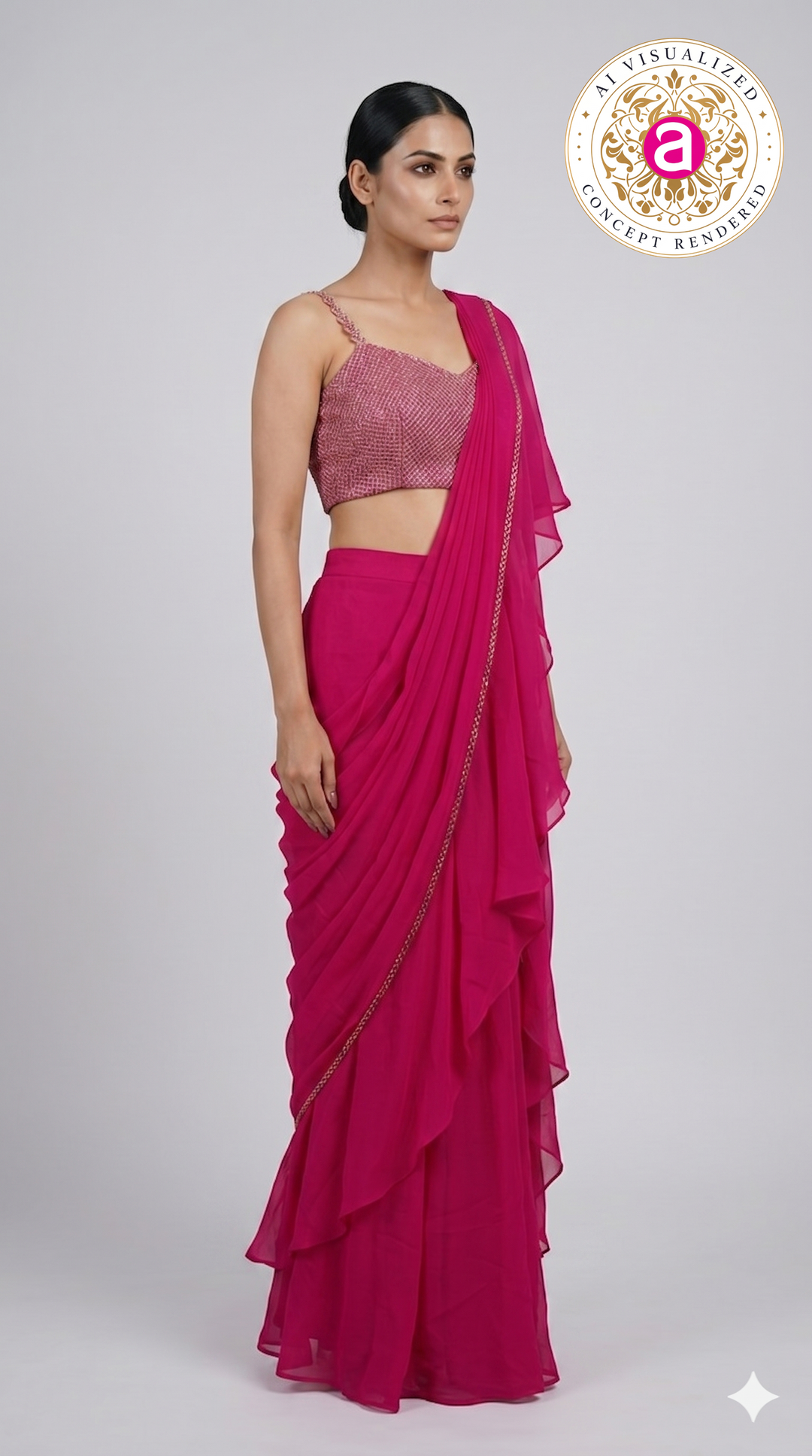 Hot Pink Ruffle Drape Designer Saree with Embellished Blouse