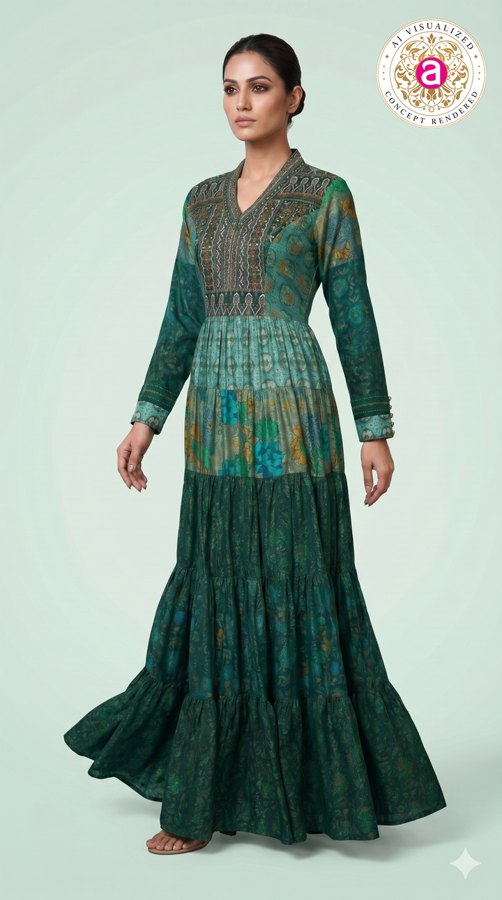 Emerald Green Printed Tiered Maxi Dress