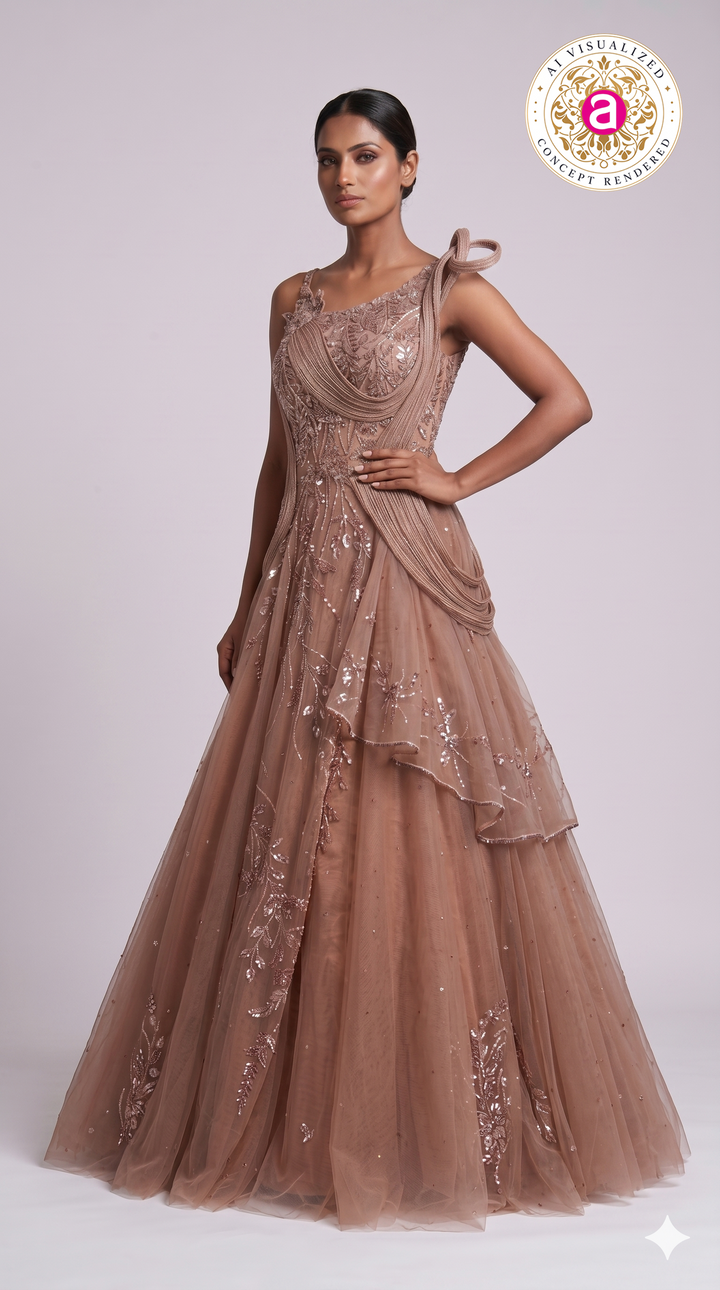 Rose Taupe Embellished Couture Ball Gown with Draped Bodice