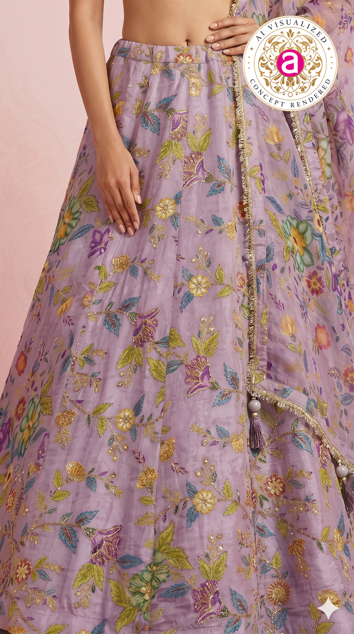 Lavender Floral Embroidered Designer Lehenga Choli with Printed Organza Dupatta