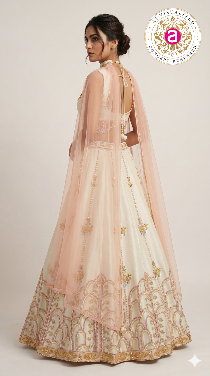 Ivory Blush Pink Embroidered Designer Lehenga Choli with Net Dupatta