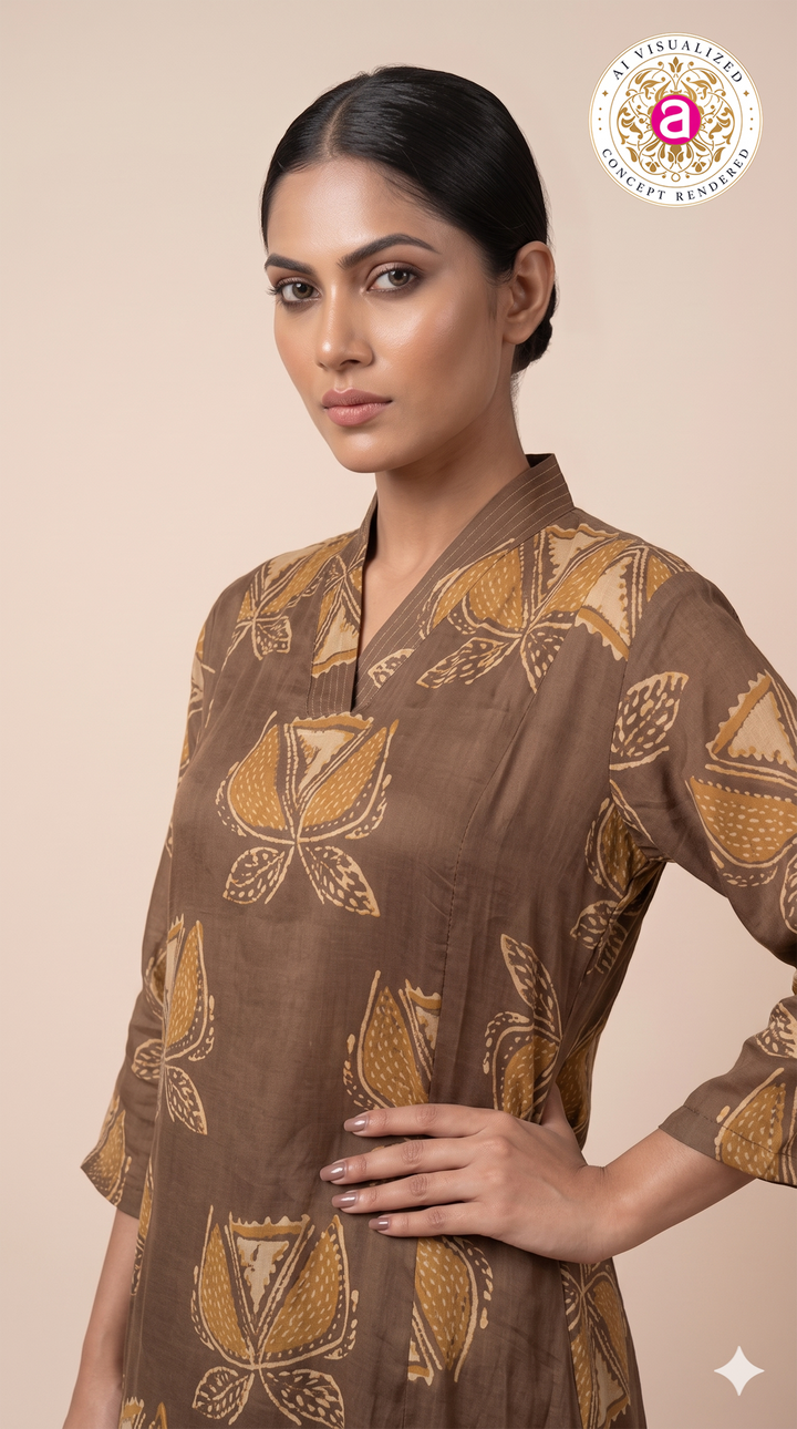 Brown Printed A-Line Kurta Set with Palazzo