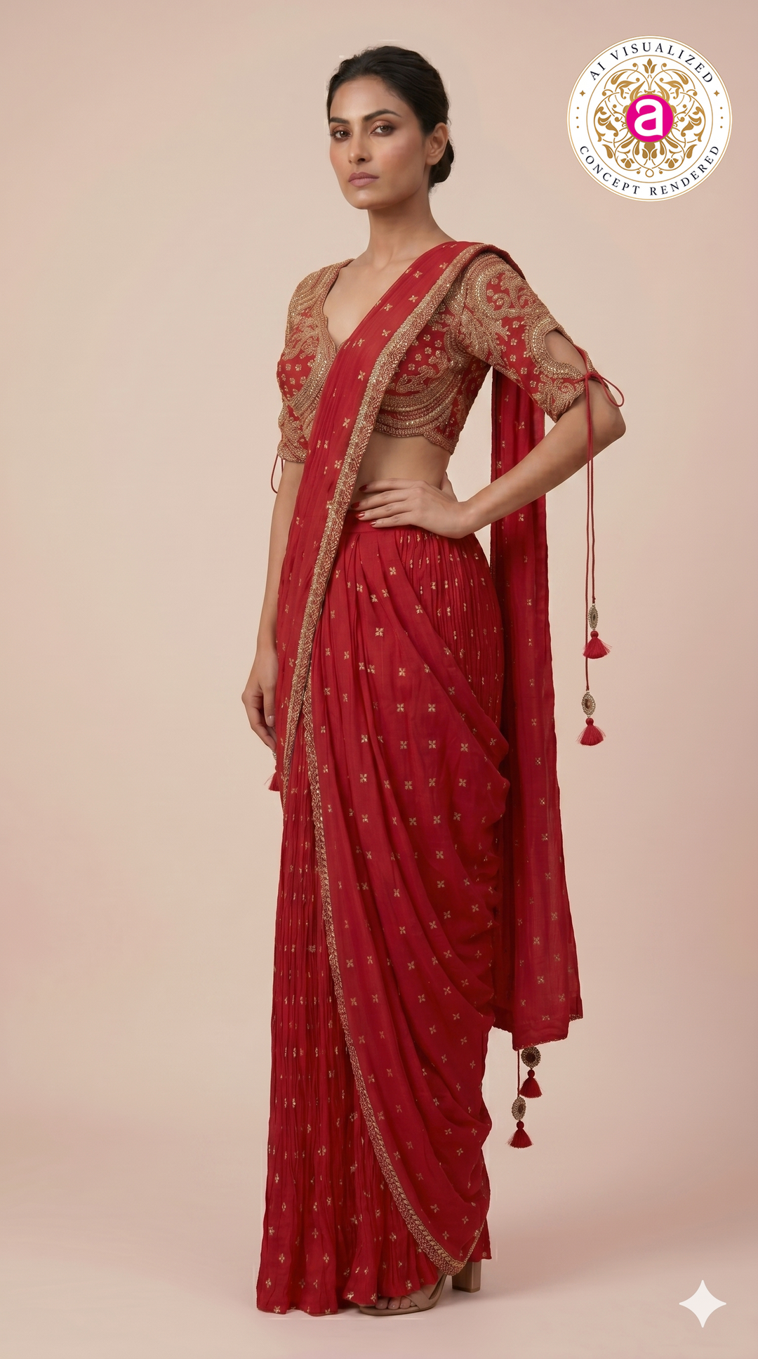 Radiant Red Ready-to-Wear Embroidered Saree with Designer Blouse