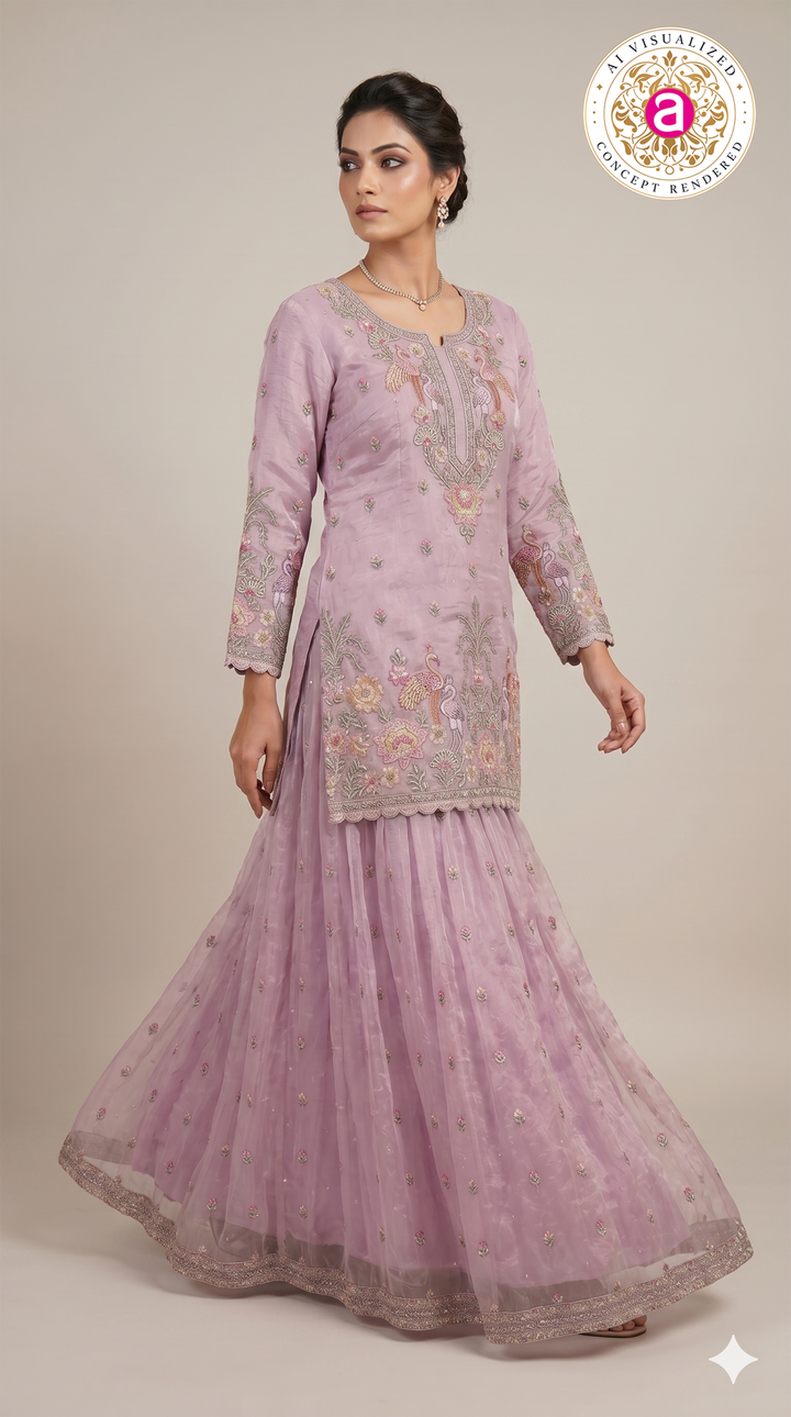 Blush Pink Embroidered Designer Kurta Sharara Set