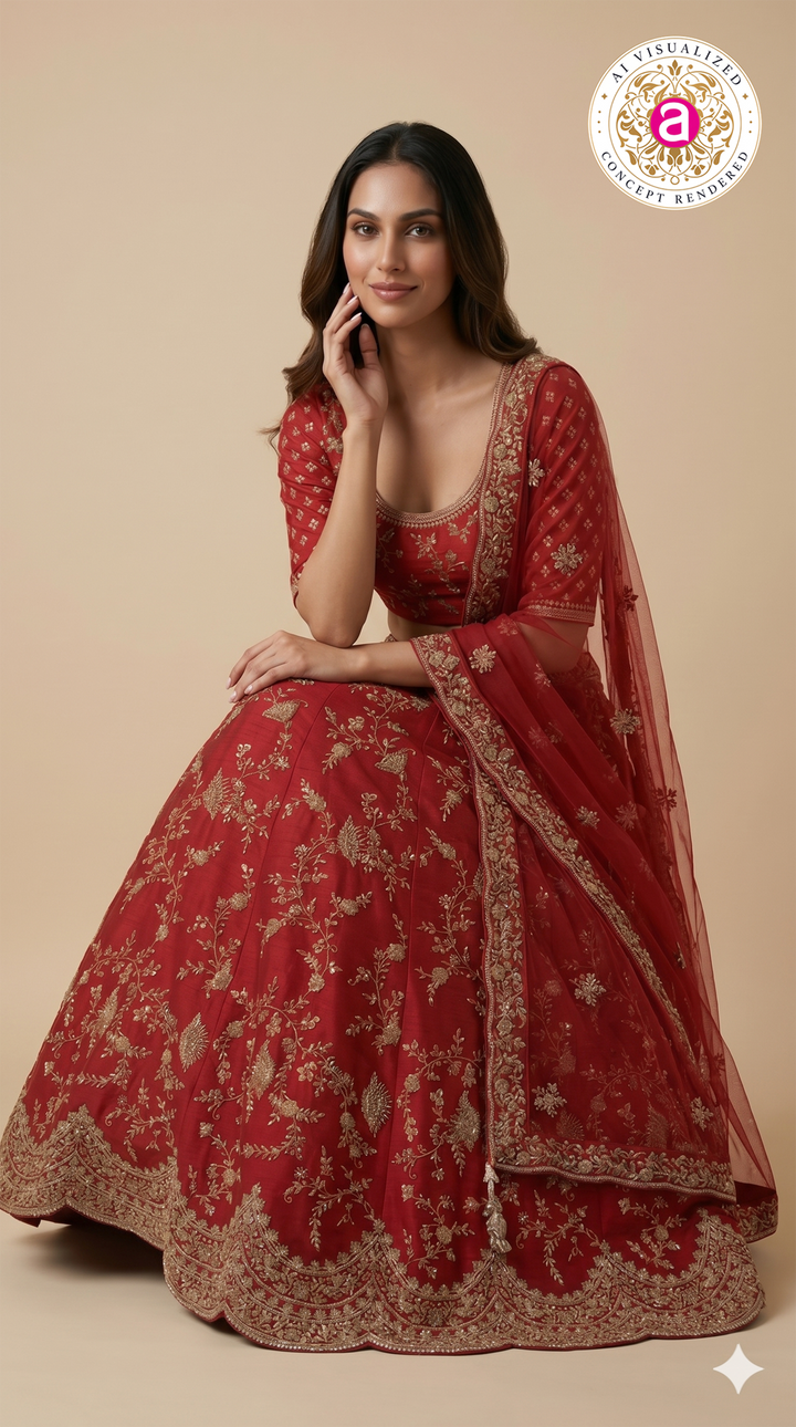 Ruby Red Designer Bridal Lehenga Set with Heavy Zari Embroidery & Net Dupatta