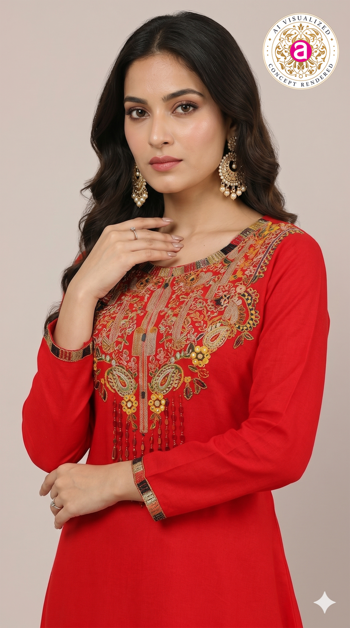 Red Handwork Kurta Pant Set