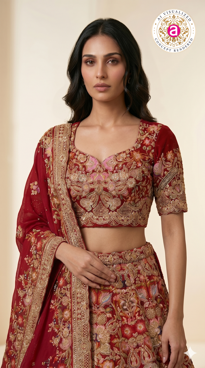 Royal Crimson Bridal Lehenga Set with Intricate Zardozi Embroidery & Peacock Motifs
