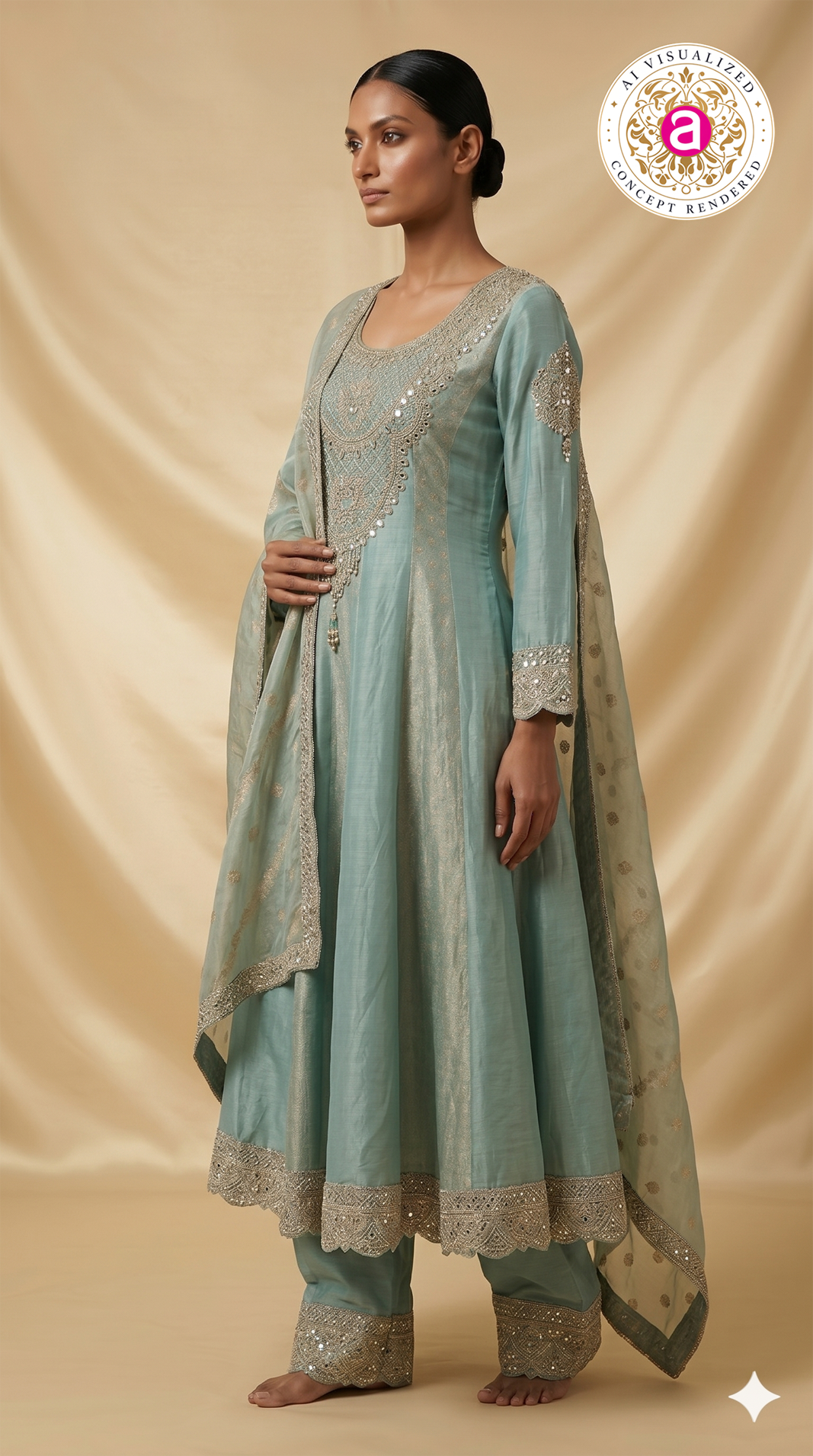 Sea Green Embroidered Anarkali Suit Set with Dupatta