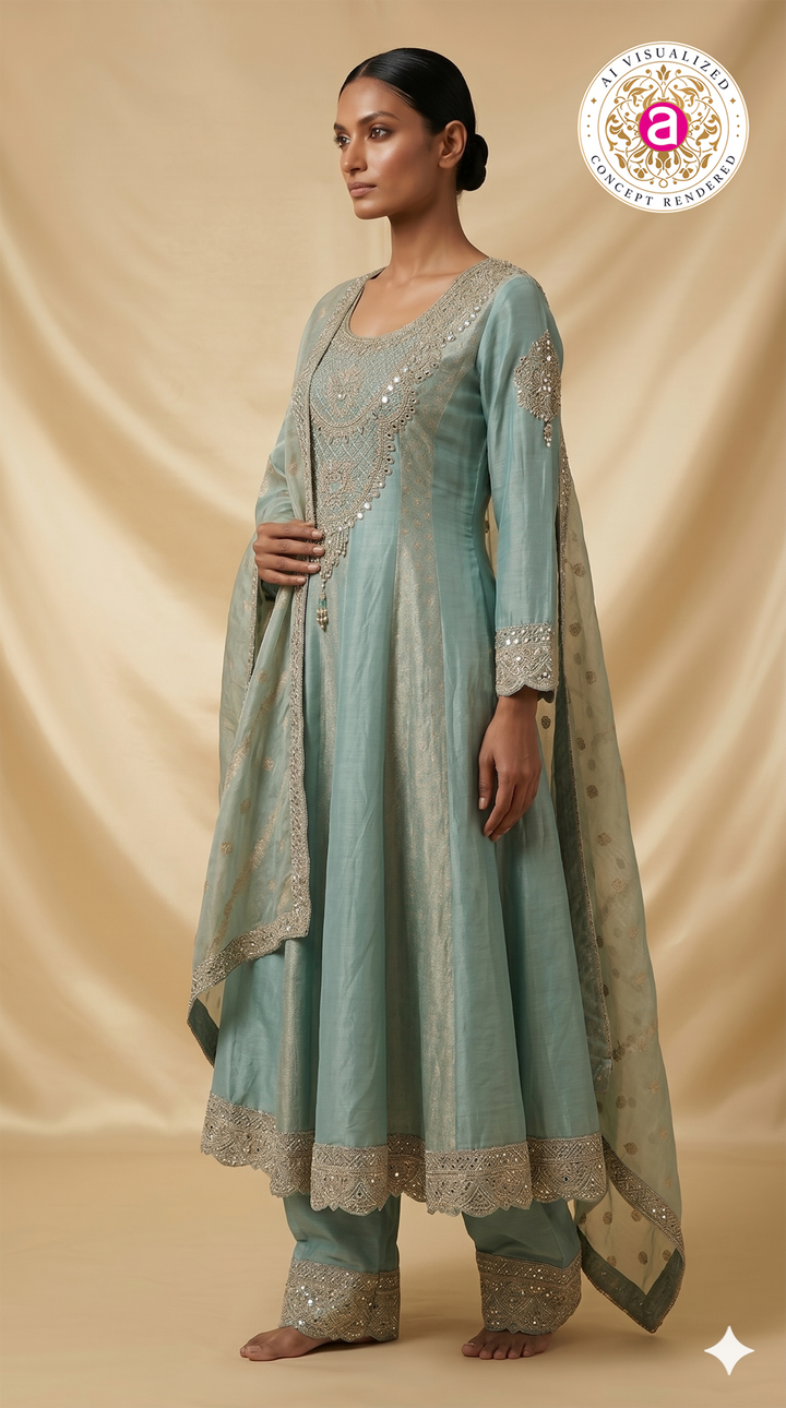 Sea Green Embroidered Anarkali Suit Set with Dupatta