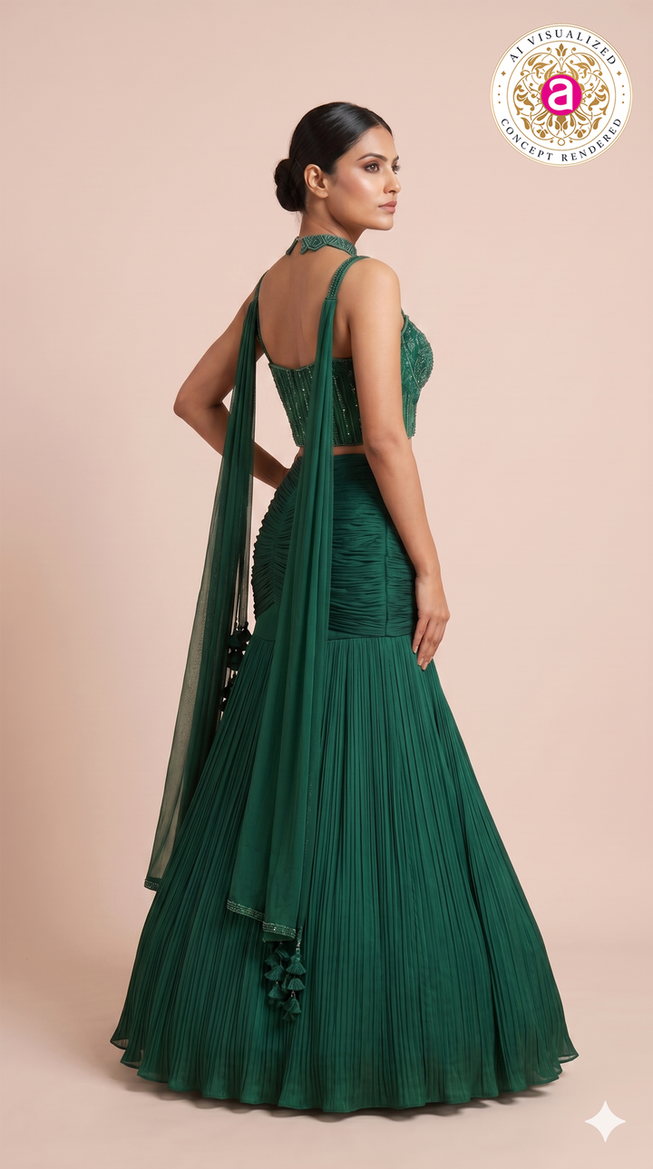 Emerald Green Designer Mermaid Lehenga Set with Embellished Crop Top