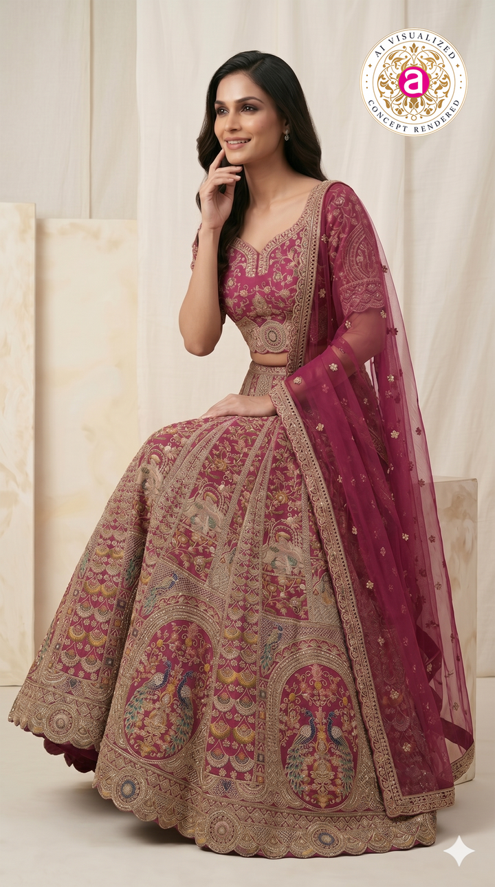 Royal Fuchsia Pink Bridal Lehenga Set with Peacock Motifs & Heritage Zari Embroidery