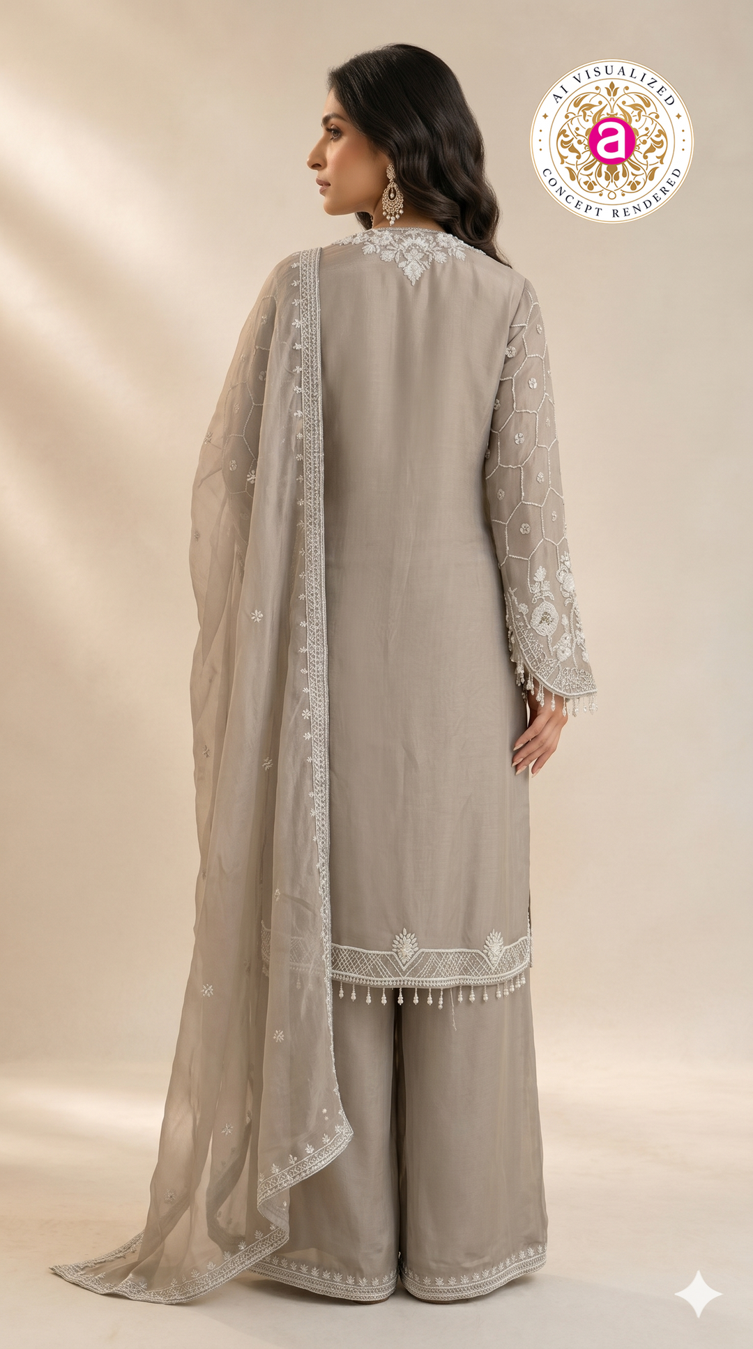 Dusty Grey Embroidered Kurta Palazzo Set with Dupatta