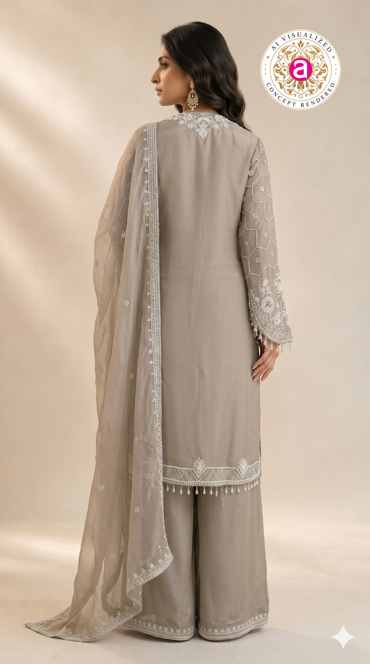 Dusty Grey Embroidered Kurta Palazzo Set with Dupatta