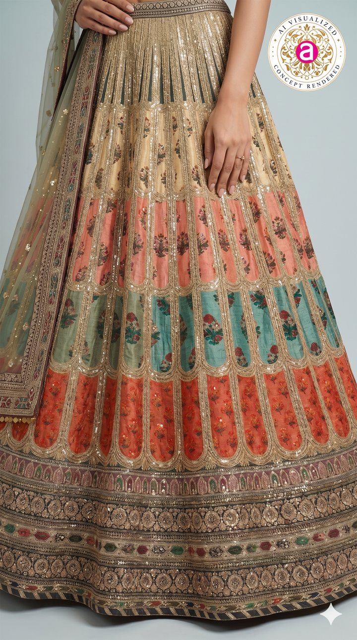 Multicolour Embroidered Bridal Lehenga Set with Net Dupatta