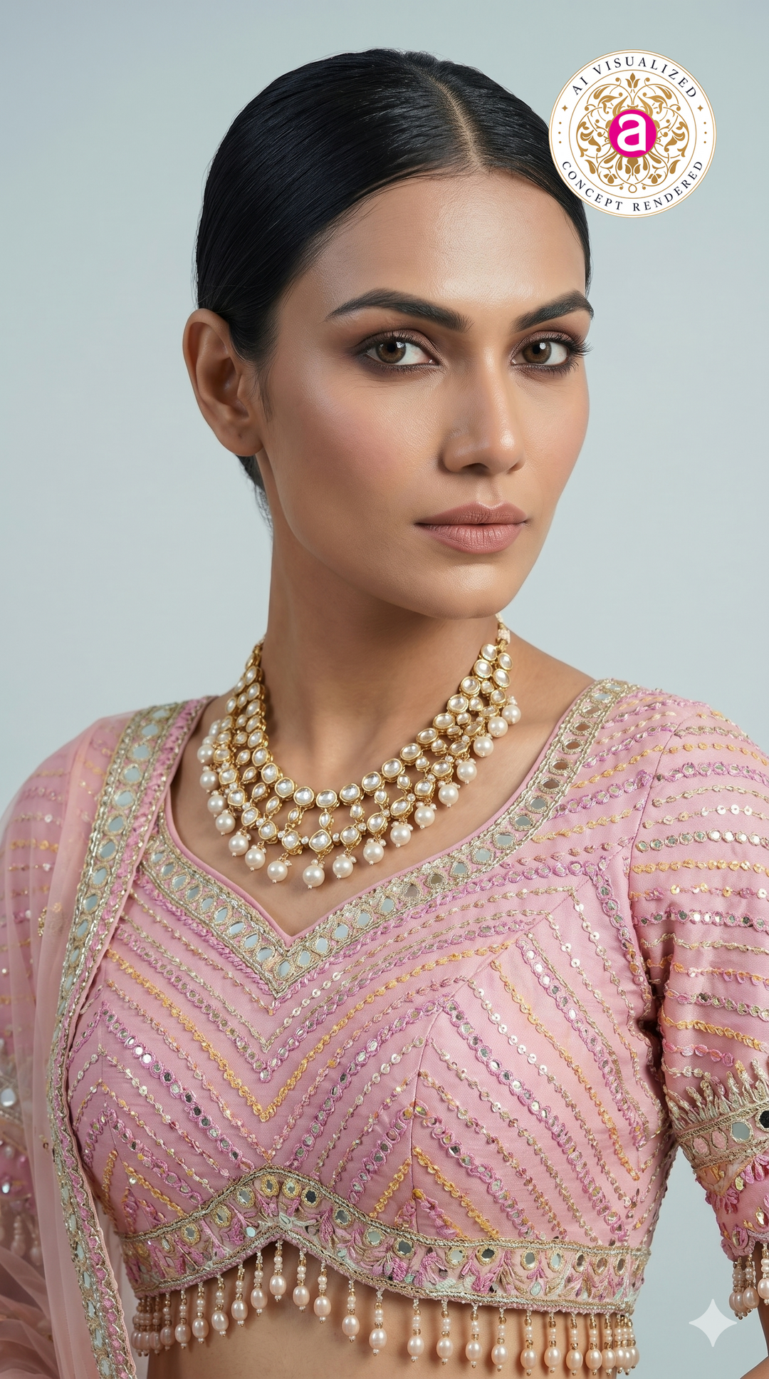 Pastel Beige Floral Embroidered Lehenga Choli with Pink Designer Blouse & Sheer Dupatta
