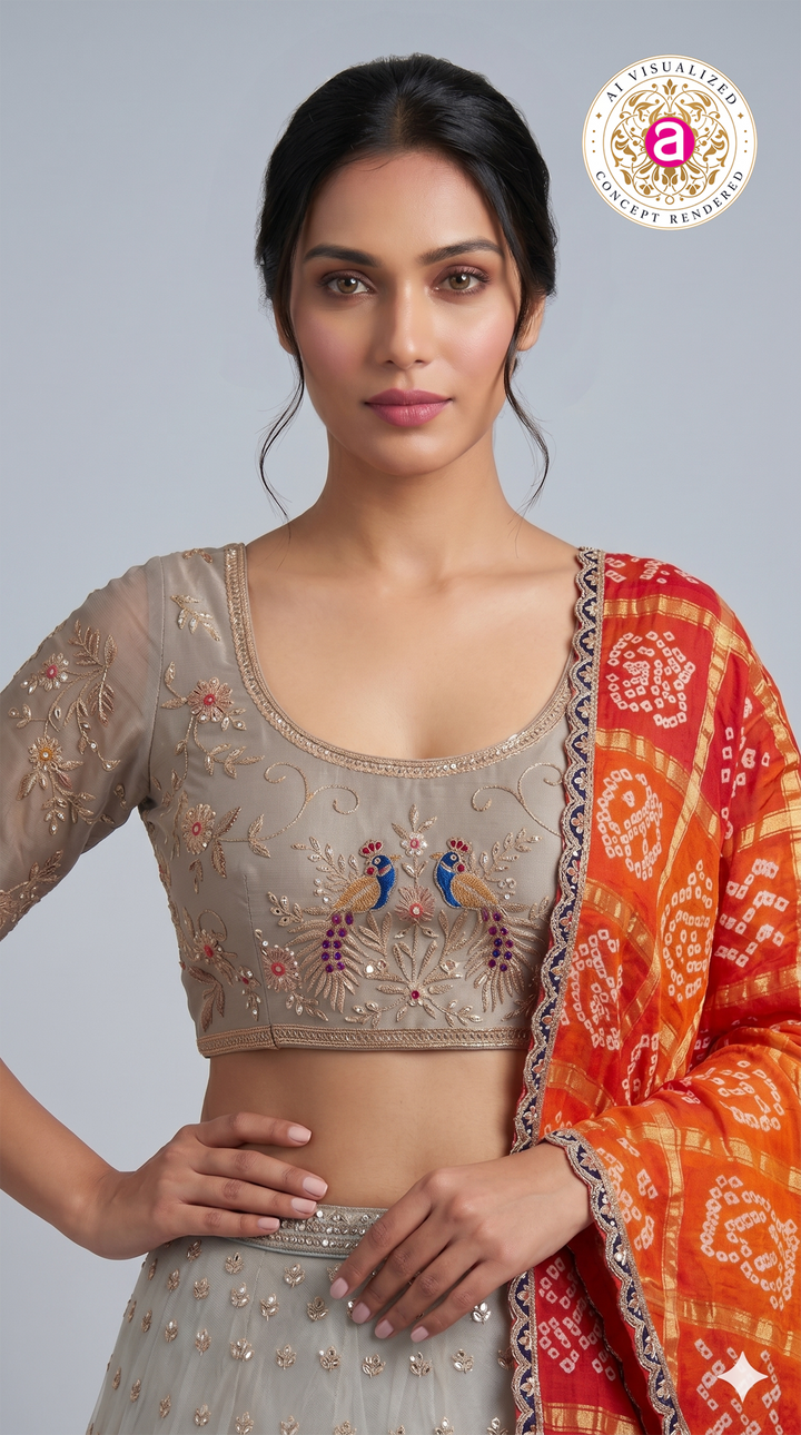 Ivory Grey Designer Lehenga Set with Peacock Embroidery & Bandhani Dupatta